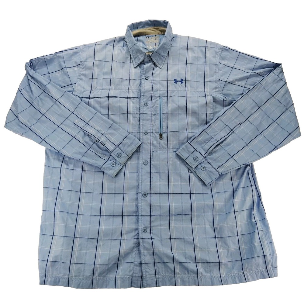 Mens Under Armour Shirt 2XL Fishing Blue Plaid  Heatgear Vented Lightweight